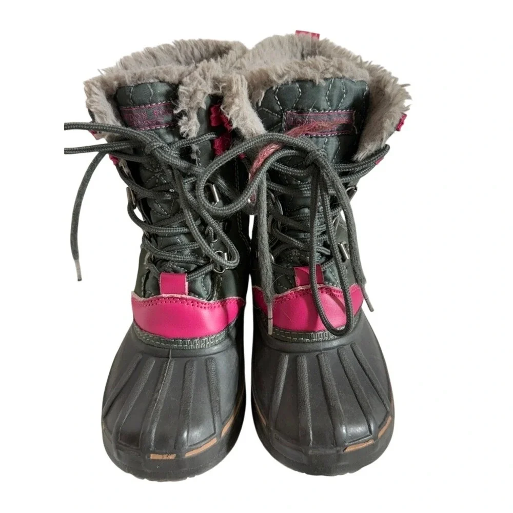 London Fog Girls Winter Snow Boots Gray Pink‎ Quilted Faux Fur Trim Waterproof